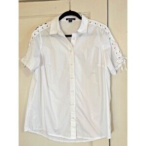 Roamans Women’s 16W Blouse White Short Lace Up Sleeve Button Up Collar Travel